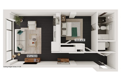 Floor plan for 1 bed, 1 bath, 539 sqft
